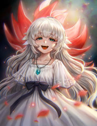 Rule 34 | 1girl, :d, absurdres, black bow, bow, crying, crying with eyes open, dress, dress bow, ender lilies quietus of the knights, flower, green eyes, highres, jewelry, lily (ender lilies), long hair, necklace, open mouth, petals, sasaki ryou, short sleeves, smile, solo, standing, syu kamiya, tears, white dress, white hair
