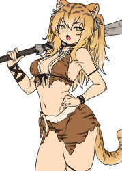 Rule 34 | 1girl, animal ears, animal print, arm strap, bare shoulders, bikini, bikini top only, blonde hair, bone hair ornament, bracelet, bracer, breasts, caveman, cavewoman, commentary, cowboy shot, fang, fur trim, hair between eyes, hair ornament, hand on own hip, highres, holding, holding weapon, houtengeki, jewelry, long hair, looking at viewer, medium breasts, midriff, navel, necklace, open mouth, original, print loincloth, simple background, skin fang, solo, stomach, swimsuit, tail, tiger ears, tiger girl, tiger girl (houtengeki), tiger print, tiger tail, tooth necklace, weapon, white background, yellow eyes
