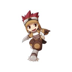 Rule 34 | 1boy, boots, brown eyes, brown gloves, brown jacket, brown shirt, brown shorts, chibi, dagger, full body, fur-trimmed boots, fur trim, gloves, goggles, goggles on head, holding, holding dagger, holding knife, holding weapon, jacket, knife, long sleeves, looking at viewer, male focus, official art, open mouth, ragnarok online, red hair, running, shirt, shorts, shrug (clothing), simple background, smile, solo, spiked hair, standing, tachi-e, thief (ragnarok online), transparent background, weapon, yuichirou