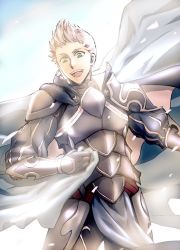 Rule 34 | 1boy, armor, cape hold, fe knights, fire emblem, fire emblem fates, green hair, grey hair, looking at viewer, male focus, nintendo, open mouth, silas (fire emblem), teeth, upper body, upper teeth only