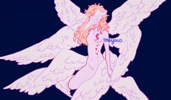 Rule 34 | 1girl, angel wings, artist name, blonde hair, breasts, covered face, crescent, devilman, devilman crybaby, feathered wings, feet out of frame, grey background, head wings, highres, long hair, low wings, medium breasts, meyoco, multiple wings, navel, nude, satan (devilman), simple background, solo, tears, wings