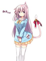 Rule 34 | 1girl, animal ear fluff, animal ears, azur lane, bell, blue shirt, blush, breasts, cat ears, cat tail, jingle bell, kindergarten uniform, kisaragi (azur lane), long hair, aged up, own hands together, pink eyes, pink hair, ribbon, shirt, side ponytail, simple background, skirt, smile, solo, tail, tail ornament, tail ribbon, thighhighs, usume shirou, v arms, white background, white thighhighs, yellow skirt