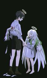 Rule 34 | 1boy, 1girl, angel, angel wings, black background, closed eyes, closed mouth, fake wings, feathered wings, feathers, genshin impact, halo, highres, holding hands, looking at another, nahida (genshin impact), no6 gnsn, open mouth, pointy ears, scaramouche (genshin impact), teeth, wanderer (genshin impact), white feathers, white wings, wings