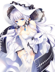 Rule 34 | 1girl, azur lane, blue eyes, blush, breasts, cleavage, closed mouth, dress, elbow gloves, gloves, hair ornament, hair ribbon, hat, highres, illustrious (azur lane), lace-trimmed headwear, lace trim, large breasts, lifted by self, long hair, looking at viewer, mole, mole under eye, ribbon, simple background, smile, solo, strapless, strapless dress, sun hat, tatekawa mako, thighhighs, tress ribbon, tri tails, white background, white dress, white gloves, white hair, white hat, white thighhighs