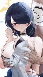 Rule 34 | 1boy, 1girl, absurdres, doodle sensei (blue archive), bare shoulders, black hair, blue archive, blush, braid, braided ponytail, breasts, choker, cleavage, covered navel, earrings, grabbing, grabbing another&#039;s breast, hair over one eye, halo, highres, hinata (blue archive), hinata (swimsuit) (blue archive), jewelry, kazane-wind, large breasts, long hair, one-piece swimsuit, red eyes, sensei (blue archive), sideboob, swept bangs, swimsuit, unaligned breasts, wet, white one-piece swimsuit