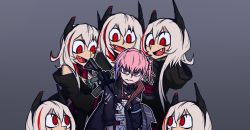 Rule 34 | 6+girls, angry, ar-15, blonde hair, clone, closed mouth, commentary, english commentary, fang, girls&#039; frontline, gun, hair between eyes, haonfest, headgear, helltaker, jacket, looking at viewer, m4 sopmod ii (girls&#039; frontline), m4 sopmod ii (mod3) (girls&#039; frontline), mask, mask around neck, mod3 (girls&#039; frontline), multicolored hair, multiple girls, open clothes, open jacket, open mouth, parody, pink hair, red eyes, rifle, siblings, sidelocks, sisters, smile, st ar-15 (girls&#039; frontline), st ar-15 (mod3) (girls&#039; frontline), streaked hair, wavy mouth, weapon