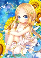 Rule 34 | 1girl, abigail williams (fate), bare shoulders, barefoot, blonde hair, bloomers, blue eyes, blush, bow, closed mouth, clover, commentary request, dress, fate/grand order, fate (series), flower, forehead, four-leaf clover, hair bow, holding, hugging own legs, knees up, long hair, orange bow, parted bangs, sitting, sleeveless, sleeveless dress, smile, solo, sundress, sunflower, twitter username, underwear, very long hair, white bloomers, white dress, wrist bow, yellow flower, yukiyuki 441