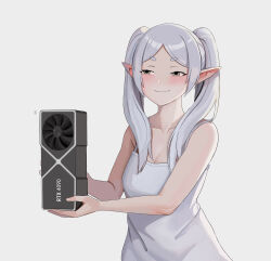 Rule 34 | 1girl, absurdres, blush, breasts, collarbone, commentary, dress, elf, english commentary, frieren, geforce rtx 4090, goldengear870, graphics card, green eyes, grin, half-closed eyes, hands up, highres, holding, long hair, meme, nvidia, pointy ears, short eyebrows, simple background, small breasts, smile, solo, sousou no frieren, standing, thick eyebrows, twintails, white background, white dress, white hair, you can just give this kind of thing to men and they will be thrilled (meme)