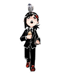Rule 34 | 1girl, absurdres, animal, animal on head, bird, bird on head, black hair, black jacket, black necktie, black pants, chainsaw man, collared shirt, food, formal, gurumo (twitter), hair ornament, hairclip, higashiyama kobeni, highres, holding food, holding ice cream, ice cream, jacket, looking at another, looking at viewer, medium hair, mole, mole under mouth, multiple moles, necktie, on head, open mouth, pants, pigeon, red footwear, shirt, short ponytail, simple background, solo focus, suit, walking, white background, white shirt