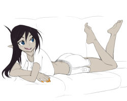 Rule 34 | + +, 1girl, ass, barefoot, black hair, blue eyes, breasts, buck teeth, colored skin, commentary, couch, cross, cross necklace, crybringer, dark elf, demon mages, elf, female focus, full body, grey skin, jewelry, legs up, long hair, lying, midriff, nail polish, necklace, on stomach, open mouth, plantar flexion, pointy ears, shorts, small breasts, soles, solo, tara olphoros, teeth, the pose, toes