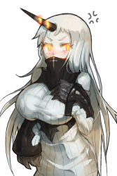 Rule 34 | 10s, 1girl, abyssal ship, anger vein, bare shoulders, blush, breasts, claws, covered mouth, detached sleeves, dress, glowing, glowing eyes, high collar, highres, horns, kantai collection, large breasts, long hair, mukka, pale skin, red eyes, ribbed dress, seaport princess, single horn, sleeveless, sleeveless dress, solo, standing, very long hair, white hair