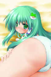 Rule 34 | 1girl, ass, ass focus, bed, blush, cameltoe, female focus, frog, from behind, green eyes, green hair, haetorisou, hair ornament, kochiya sanae, lace, lace-trimmed panties, lace trim, looking back, lying, matching hair/eyes, on side, panties, snake, solo, topless, touhou, underwear