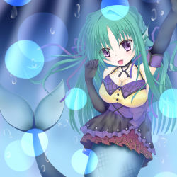 Rule 34 | 10s, 1girl, bermuda triangle, breasts, cardfight!! vanguard, cleavage, gloves, green hair, large breasts, lolita fashion, long hair, looking at viewer, mermaid, monster girl, pleated skirt, prism smile liguria, purple eyes, skirt, solo