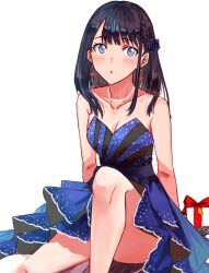 1girl bare_shoulders black_hair blue_dress blue_eyes blush box braid breasts dress earrings flower gift gift_box gridman_universe gridman_universe_(film) hair_flower hair_ornament highres jewelry long_hair necktie official_alternate_costume open_mouth risyo simple_background sitting solo takarada_rikka thighs white_background