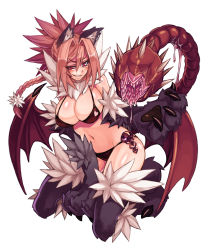 Rule 34 | 1girl, animal ears, animal hands, bikini, blush, braid, breasts, brown hair, cat ears, claws, cleavage, full body, fur, grin, higher resolution available, kenkou cross, large breasts, looking at viewer, manticore (monster girl encyclopedia), monster girl, monster girl encyclopedia, monster girl encyclopedia ii, navel, official art, panties, pink hair, prehensile tail, red eyes, red wings, simple background, single braid, smile, solo, swimsuit, tail, tail raised, underwear, white background, wings