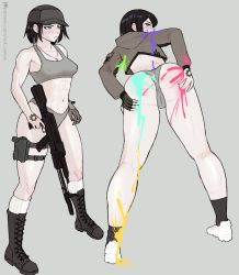 Rule 34 | 1girl, abs, absurdres, alternate costume, armpits, artist name, ass, assault rifle, black footwear, black hair, blush, bra, brown coat, brown hat, brown jacket, calf boots, calf socks, cameltoe, closed mouth, coat, collared jacket, danganronpa: trigger happy havoc, danganronpa (series), ears, female focus, fingerless gloves, freckles, from behind, frown, full body, gloves, green paint, grey background, grey bra, grey eyes, grey panties, gun, hand tattoo, hat, highres, ikusaba mukuro, jacket, legs, multiple views, muscular, muscular arms, muscular female, muscular legs, navel, nipples through clothes, nipples visible through clothes, nose, one glove, paint, paint on body, paint on clothes, paint splatter, paint splatter on face, panties, purple paint, pussy, red paint, redvenvs, rifle, shiny skin, signature, simple background, solo, spread ass, spread legs, spread pussy, sweat, sweatdrop, tattoo, teal paint, underwear, weapon, weapon request, white footwear, yellow paint