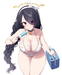 Rule 34 | 1girl, :o, absurdres, bare arms, bare shoulders, bikini, black choker, black hair, blue archive, braid, breasts, choker, cleavage, collarbone, cooler, cowboy shot, dripping, eyes visible through hair, food, frilled bikini, frills, hairband, halo, halterneck, highres, hinata (blue archive), hinata (swimsuit) (blue archive), holding, large breasts, leaning forward, long hair, looking at viewer, metaljelly, open mouth, popsicle, red eyes, simple background, single braid, solo, standing, string bikini, swimsuit, thigh gap, thighs, very long hair, white background, white bikini