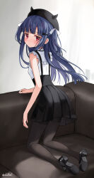 Rule 34 | 1girl, black pantyhose, black skirt, blue hair, couch, eluthel, expressionless, frilled shirt collar, frills, full body, hair ornament, hairclip, hat, highres, idolmaster, idolmaster cinderella girls, kneeling, long hair, looking at viewer, looking back, mary janes, pantyhose, parted lips, red eyes, sajo yukimi, shirt, shoes, skirt, solo, suspender skirt, suspenders, white shirt