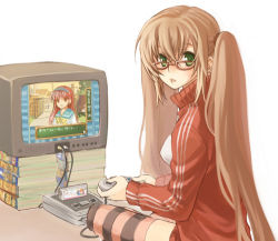 Rule 34 | 1girl, book, brown hair, game console, glasses, long hair, lowres, on floor, original, playing games, sitting, solo, striped clothes, striped thighhighs, super famicom, super nintendo, television, thighhighs, tokimeki memorial, twintails, very long hair, video game, yuuryuu nagare
