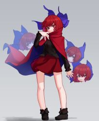 Rule 34 | 1girl, absurdres, black footwear, black shirt, blue bow, bow, cape, cloak, commentary request, commission, disembodied head, floating head, full body, hair bow, high collar, highres, looking at viewer, miniskirt, multiple heads, red cloak, red eyes, red hair, red skirt, sekibanki, shirt, short hair, simple background, skeb commission, skirt, solo, touhou, zakozako y