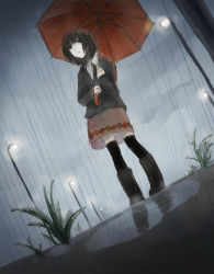 Rule 34 | 1girl, bad id, bad pixiv id, black hair, boots, cloud, cloudy sky, dutch angle, from below, hanno, knee boots, lamppost, original, puddle, rain, reflection, rubber boots, short hair, sketch, sky, sleeves past wrists, solo, thighhighs, umbrella