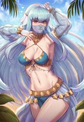 Rule 34 | 1girl, alternate costume, arm up, armpits, bare shoulders, blue hair, blue skirt, commentary request, commission, cowboy shot, crop top, detached sleeves, evomanaphy, fire emblem, fire emblem: the blazing blade, grin, halterneck, highres, jewelry, long hair, looking at viewer, midriff, mouth veil, navel, neck ring, ninian (fire emblem), nintendo, purple eyes, see-through, see-through sleeves, skirt, smile, solo, standing, stomach, thighs, veil, very long hair