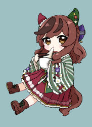 Rule 34 | 1girl, animal ears, blue background, blush stickers, boots, bowl, brown eyes, brown footwear, brown hair, chibi, chopsticks, commentary request, eating, floral print, food, full body, highres, holding, holding bowl, holding chopsticks, horse ears, horse girl, horse tail, japanese clothes, kimono, long hair, long sleeves, looking at viewer, mochi, multicolored hair, nice nature (converging wishes) (umamusume), nice nature (negaino kasane) (umamusume), nice nature (umamusume), nozo (hitomiz), pleated skirt, print kimono, red skirt, simple background, sitting, skirt, sleeves past wrists, solo, streaked hair, striped clothes, striped kimono, tail, umamusume, vertical-striped clothes, vertical-striped kimono, wide sleeves