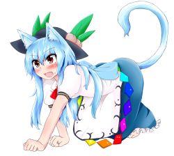 Rule 34 | 1girl, :d, all fours, animal ears, barefoot, blue hair, blush, body blush, cat ears, cat tail, dress, drooling, happy, highres, hinanawi tenshi, kemonomimi mode, king (ougon kingyo-bachi), long hair, open mouth, paw pose, red eyes, smile, solo, sweat, tail, toes, touhou