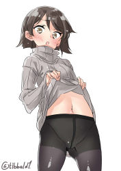 Rule 34 | 1girl, alternate costume, black pantyhose, blush, brown eyes, brown hair, cameltoe, clothes lift, cowboy shot, crotch seam, ebifurya, gluteal fold, grey sweater, groin, highres, kantai collection, lifted by self, looking at viewer, navel, no panties, no pants, open mouth, pantyhose, short hair, simple background, solo, sweater, sweater lift, tanikaze (kancolle), turtleneck, turtleneck sweater, twitter username, white background