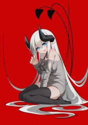 Rule 34 | 1girl, absurdres, bare shoulders, black straps, black thighhighs, blue eyes, breasts, bright pupils, chinese commentary, commentary request, demon girl, demon horns, demon tail, fang, floating hair, grey sweater, hair between eyes, hair spread out, hand up, highres, horns, huge horns, huizhiyin, large breasts, long hair, looking at viewer, multiple tails, off-shoulder sweater, off shoulder, open mouth, original, pale skin, paw pose, pointy ears, red background, sitting, skin fang, skindentation, sweater, tail, thick thighs, thighhighs, thighs, very long hair, wariza, white hair, white pupils, zettai ryouiki
