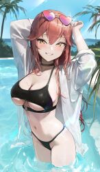 Rule 34 | absurdres, bikini, black bikini, black choker, blue sky, blush, breasts, choker, cleavage, eyewear on head, glasses, hair between eyes, heart, heart-shaped eyewear, highres, large breasts, liliya (kaetzchen), logknn, long hair, looking at viewer, navel, original, palm tree, pool, shirt, sky, smile, swimsuit, tree, underboob, water, wet, wet clothes, wet shirt, yellow eyes