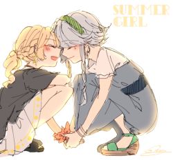 Rule 34 | 2girls, :d, alternate costume, alternate hairstyle, bad id, bad pixiv id, blonde hair, blush, braid, closed eyes, closed mouth, dress, earrings, french braid, from side, hairband, holding hands, izayoi sakuya, jewelry, kirisame marisa, multiple girls, open mouth, ponytail, sandals, scrunchie, short sleeves, side braid, signature, silver hair, simple background, skirt, smile, souta (karasu no ouchi), squatting, star (symbol), star earrings, touhou, twin braids, white background, wrist scrunchie, yuri