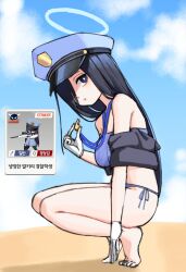 Rule 34 | 1girl, 28 (282teeth), absurdres, alternate costume, barefoot, blue archive, game screenshot inset, gloves, hat, highres, holding, holding whistle, korean text, long hair, looking at viewer, police, police hat, police uniform, policewoman, solo, uniform, valkyrie police academy student (blue archive), valkyrie police academy student (sr) (blue archive), whistle, whistle around neck, white gloves