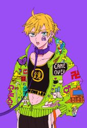 Rule 34 | 1boy, abs, bad id, bad twitter id, blonde hair, blue eyes, bug, butterfly, cane, dddddestroy, earrings, flat color, green jacket, hands in pockets, highres, hood, hood down, insect, jacket, jewelry, kagamine len, leash, male focus, open mouth, poker chip, print jacket, purple background, short hair, simple background, solo, vocaloid