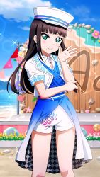 Rule 34 | 1girl, artist name, artist request, bare legs, belt, black hair, blue belt, blue dress, blue sky, breasts, close-up, cloud, collared shirt, cropped jacket, day, dress, dress shirt, female focus, floral print, flower print, green eyes, hand on elbow, hat, highres, jacket, kurosawa dia, let&#039;s go wonder trip, long hair, looking at viewer, love live!, love live! school idol festival, love live! sunshine!!, mole, mole under mouth, outdoors, pants, peaked cap, shirt, short sleeves, shorts, shorts under dress, sky, small breasts, smile smile ship start!!, solo, sparkle, standing, star (symbol), star print, white hat, white jacket, white pants, white shirt, white shorts, wing collar