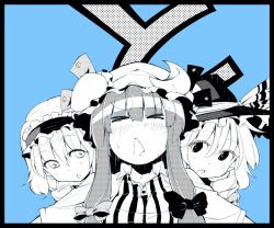 Rule 34 | 3girls, :o, alice margatroid, blue theme, blush, bow, capelet, crescent, closed eyes, female focus, hairband, hat, hat bow, hokuto (scichil), kirisame marisa, long hair, monochrome, multiple girls, patchouli knowledge, ribbon, short hair, touhou, upper body, witch, witch hat