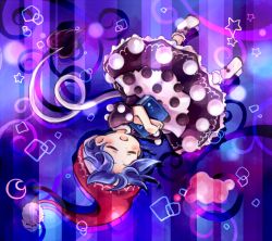 Rule 34 | 1girl, blue hair, blush, book, closed eyes, doremy sweet, dress, full body, gradient background, hat, nightcap, open mouth, pote (ptkan), short hair, short sleeves, smile, socks, solo, striped, striped background, tail, tapir tail, touhou, upside-down, white socks