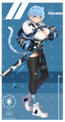 Rule 34 | 1girl, absurdres, animal ears, blue hair, breasts, closed mouth, collared shirt, gloves, hair between eyes, highleg, highres, holding, holding sword, holding weapon, jacket, large breasts, looking at viewer, lowleg, lowleg pantyhose, multicolored hair, necktie, open clothes, open jacket, original, pantyhose, purple eyes, sheath, shirt, shoes, short hair, solo, standing, sword, tail, two-tone hair, unbuttoned, unbuttoned shirt, unsheathing, weapon, yaman