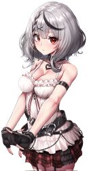 Rule 34 | 1girl, arm garter, belt, black belt, black collar, black hair, blush, bow, breasts, camisole, cleavage, collar, corrupted twitter file, doyoon 7, fingerless gloves, frilled camisole, frills, garter straps, gloves, grey hair, hair ornament, heart collar, heart pendant, highres, hololive, large breasts, looking at viewer, multicolored hair, plaid, plaid bow, plaid skirt, pleated skirt, red eyes, red nails, sakamata chloe, sakamata chloe (1st costume), simple background, skirt, solo, streaked hair, virtual youtuber, white camisole, x hair ornament