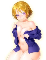 Rule 34 | 10s, 1girl, 3:, blazer, blush, breasts, brown hair, coat, jacket, koizumi hanayo, large breasts, looking at viewer, love live!, love live! school idol project, naked coat, naked shirt, navel, onsoku inu, open clothes, purple eyes, school uniform, shirt, short hair, simple background, solo, white background