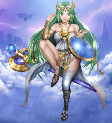 Rule 34 | 1girl, bad id, bad pixiv id, bare shoulders, breasts, collarbone, eyebrows, green eyes, green hair, kid icarus, large breasts, looking at viewer, nintendo, palutena, shijima (tanfn), sitting, solo, super smash bros., thick thighs, thighhighs, thighs, white thighhighs