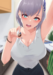 Rule 34 | 1girl, absurdres, breasts, chocolate, green eyes, grey hair, heart, heart-shaped pupils, highres, hololive, hololive indonesia, incoming food, large breasts, open mouth, pavolia reine, short hair, solo, symbol-shaped pupils, virtual youtuber