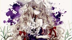 Rule 34 | 1girl, blonde hair, bow, grass, hair bow, highres, long hair, looking at viewer, paint splatter, painting (medium), purple eyes, red bow, solo, togeppoi, touhou, traditional media, white background, yakumo yukari