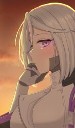 Rule 34 | 1girl, blush, breasts, from side, grey hair, highres, jacket, looking at viewer, nebulius, open clothes, open jacket, purple eyes, short hair, sigret (epic seven), straight hair, sunset, white hair, white jacket