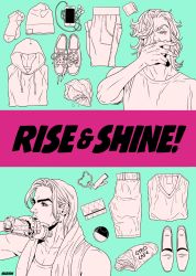 Rule 34 | 2boys, bottle, burger, canteen, cellphone, denim, drinking, earphones, flat color, folded clothes, food, gyro, gyro zeppeli, highres, hood, hooded sweater, hoodie, iphone, jeans, johnny joestar, jojo no kimyou na bouken, male focus, marion-ville, monochrome, multiple boys, name connection, pants, parted lips, phone, pun, shoes, smartphone, sneakers, socks, steel ball run, sweater, yawning
