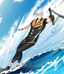 Rule 34 | 1boy, black footwear, black gloves, black pants, black shirt, black vest, blue sky, bracelet, clenched teeth, closers, cloud, full body, gloves, highres, j (closers), jewelry, necklace, o o, ocean, official art, orange vest, outstretched arm, pants, shirt, short hair, short sleeves, single glove, sky, solo, spray, sweat, teeth, tight clothes, tight pants, two-tone vest, vest, water, water skiing, white hair