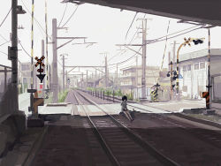 Rule 34 | 1girl, animal ears, black eyes, black footwear, black hair, blue skirt, can, cat ears, cat girl, closed mouth, collarbone, highres, holding, holding can, house, original, outdoors, railroad tracks, road sign, scenery, short hair, sign, sitting, skirt, solo, traffic light, zumochi