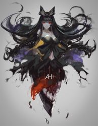 Rule 34 | 10s, 1girl, abyssal ship, bare shoulders, black bow, black hair, blunt bangs, bow, claws, closed mouth, full body, gradient background, grey background, hair bow, highres, hkj0230, kantai collection, long hair, looking at viewer, navel, red eyes, revision, seaplane tender princess, smile, solo, text focus, tongue, very long hair