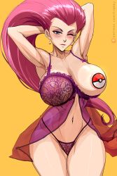 Rule 34 | 1girl, areola slip, armpits, arms behind head, blush, breasts, cameltoe, camisole, covered erect nipples, creatures (company), earrings, eyebrows, game freak, jessie (pokemon), jewelry, krabbytheartist, large breasts, long hair, looking at viewer, navel, nintendo, one breast out, panties, pasties, pink hair, pokemon, pokemon (anime), solo, underwear, very long hair