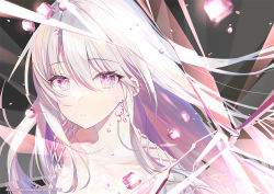 Rule 34 | 1girl, album cover, breaking, collarbone, commentary, cover, crying, crying with eyes open, crystal, dot nose, eyelashes, floating hair, glass, hair between eyes, kagachi saku, long bangs, looking at viewer, multicolored hair, original, parted lips, pink eyes, pink hair, shattered, solo, tears, upper body, white hair